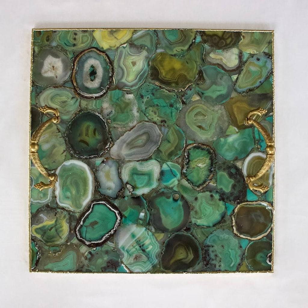 Light Green Agate Serving Tray With Brass Handles | Square